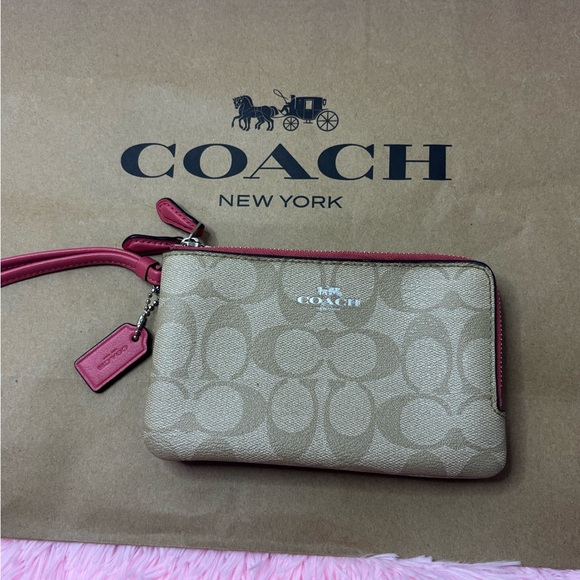 Coach Tan and Pink Signature Wristlet - Picture 1 of 6